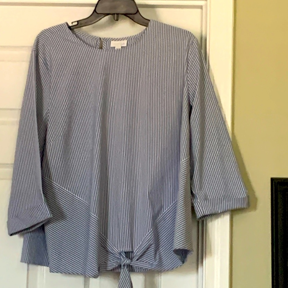 Striped blouse with tie at bottom front.
